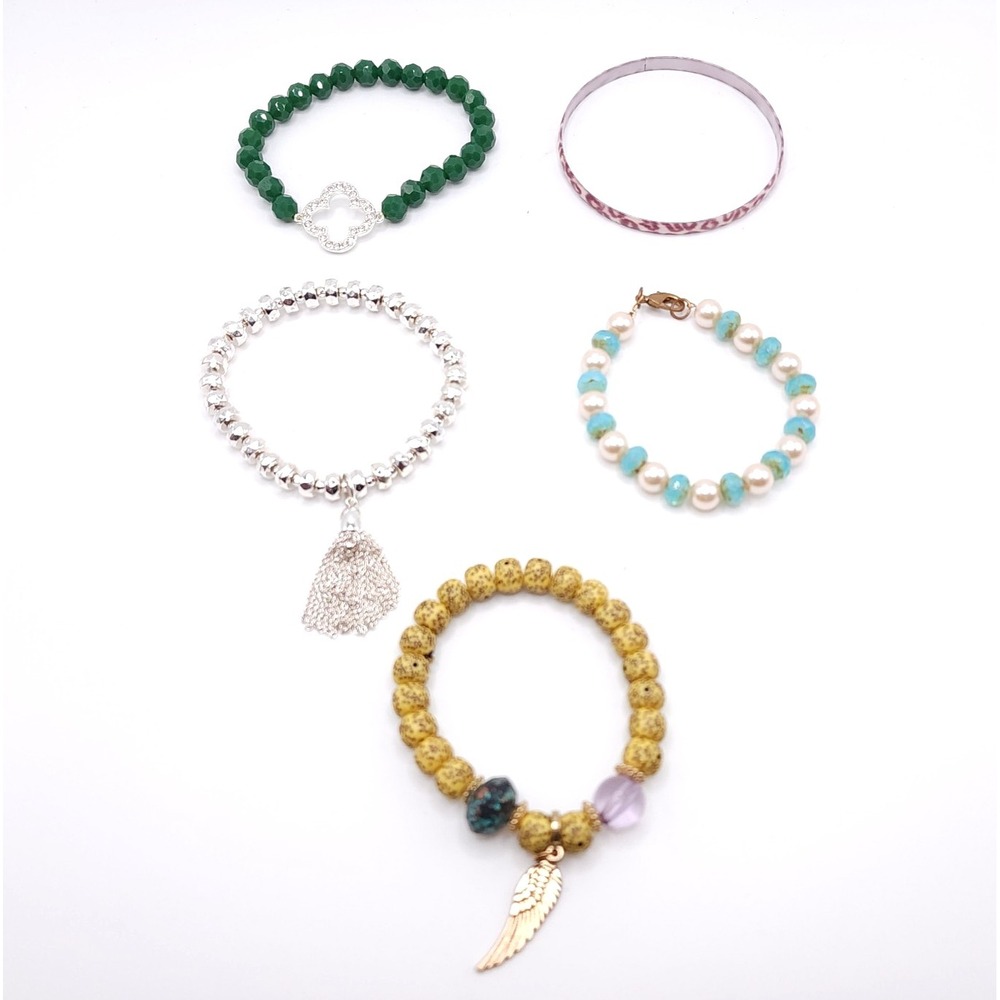 5 Pc Bracelet Lot Mixed Stretch Charm Pearl Beaded Jewelry Bundle‎